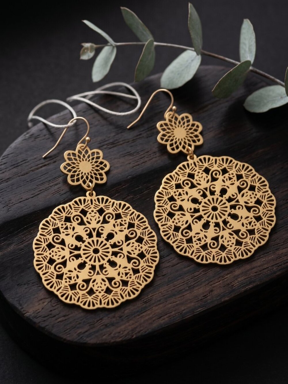 Gold Plated Filigree Lace Medallion Floral Dangle Earrings Boho Chic 3"